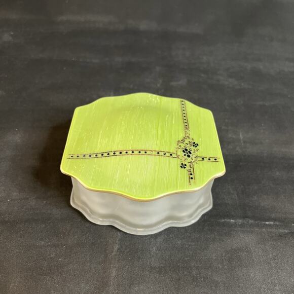 Vintage Frosted Glass Vanity Jar Green Deco Celluloid Lid Art Deco Style - Picture 1 of 13